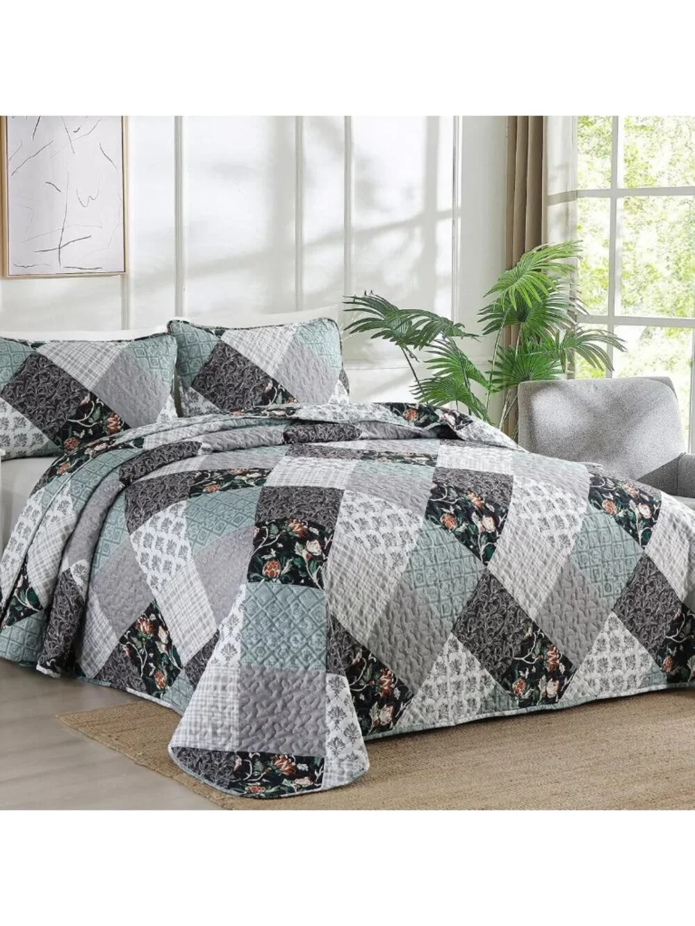 Boho Patchwork Quilt Set Queen, 3-Piece Floral Microfiber Bedspread, Reversible